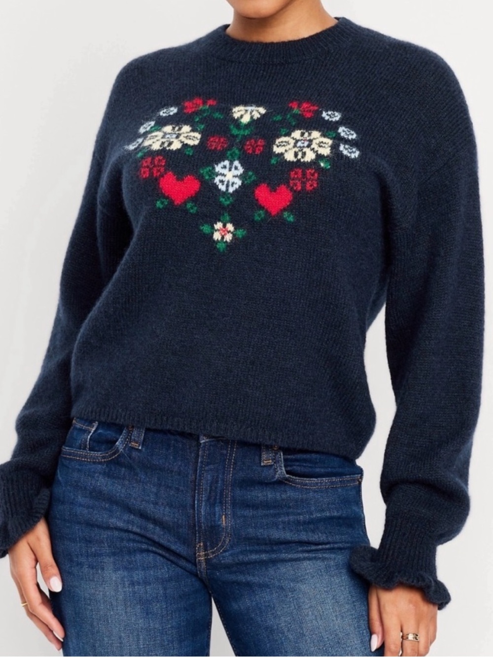 Old Navy Heart Folk Art Floral Cropped Knit Wool Blend Navy Sweater Crew Neck L